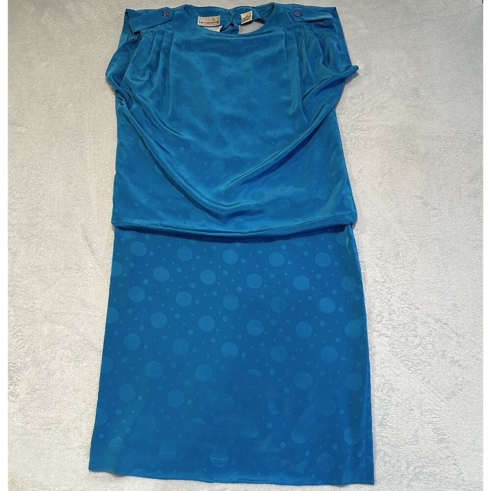 Vintage Liz Claiborne Dress Teal Blue Polka Dot Satin Look 2 Piece Style Size 10
